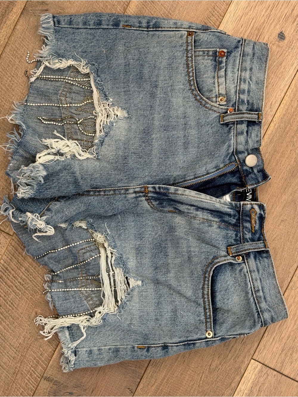 Distressed Rhinestone Denim Jean Shorts - Light Blue